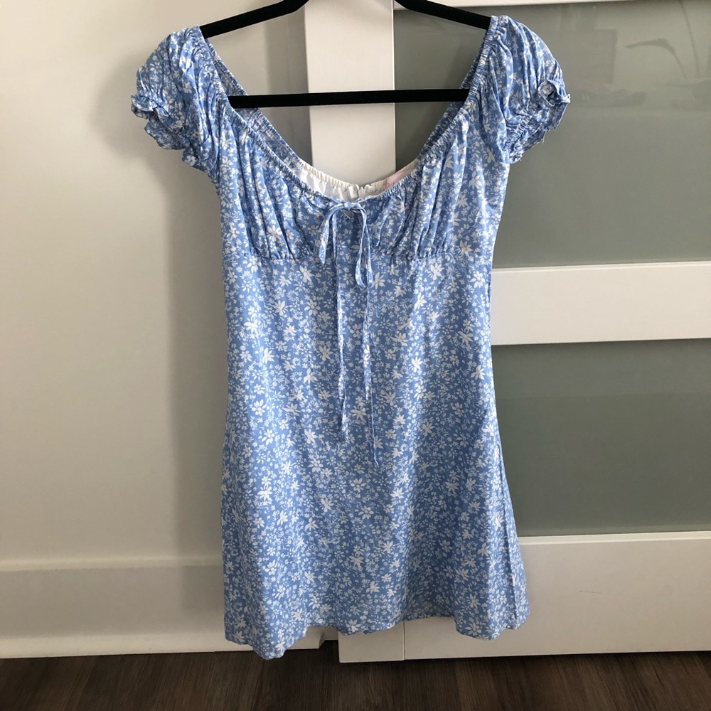 Pink Lily Blue Floral Puff Sleeve Mini Dress X-Small